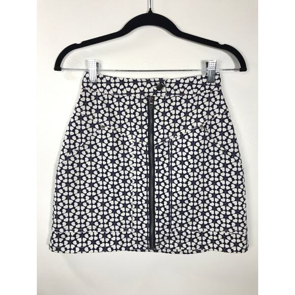 Rebecca Minkoff Marigold Front Zip Mini Skirt Blue White Hearts Spring Summer - Picture 2 of 11